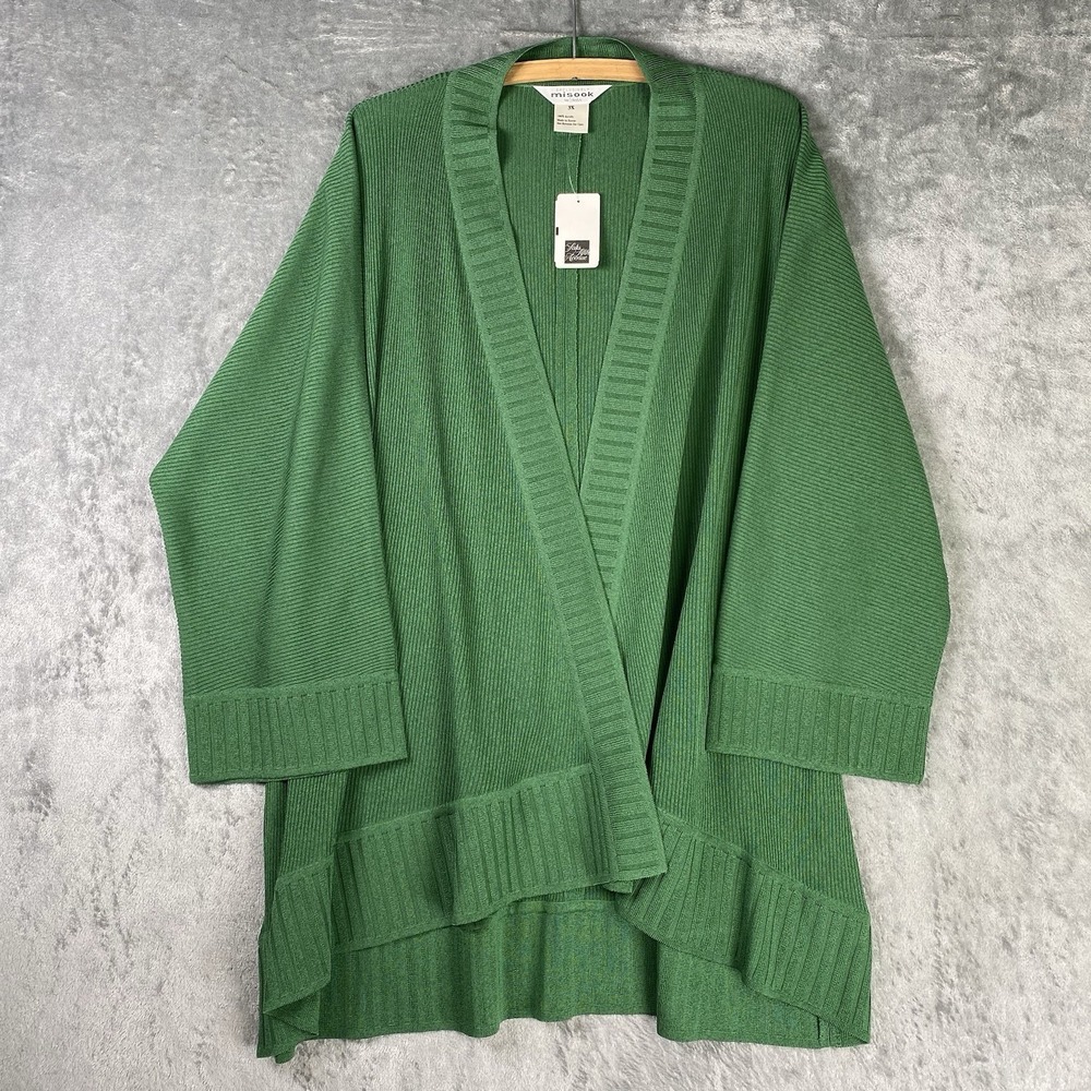 MISOOK Cardigan Womens Sz 3X Green Open Sweater Ribbed 3/4 Sleeve Waterfall NWT